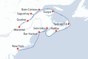 Carte de l'itinéraire de croisière Montréal-New York d'une durée de 11 jours