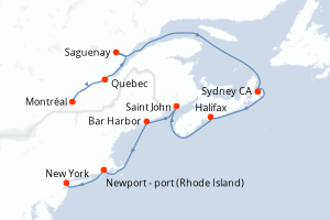 Carte de l'itinéraire de croisière Montréal-New York d'une durée de 11 jours