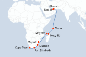 carte itinéraire croisière Afrique du Sud 19 jours au départ du port de Dubai