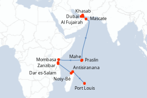 Carte de l'itinéraire de croisière Dubai-Port Louis d'une durée de 20 jours