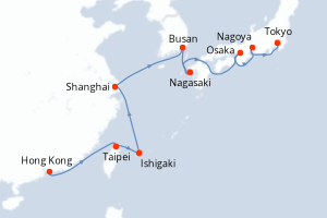 Carte de l'itinéraire de croisière Hong Kong-Tokyo d'une durée de 14 jours