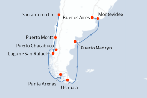 Carte de l'itinéraire de croisière San antonio Chili-Buenos Aires d'une durée de 16 jours