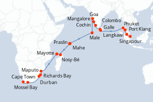 Carte de l'itinéraire de croisière Singapour-Cape Town d'une durée de 30 jours