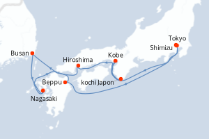 Carte de l'itinéraire de croisière Tokyo-Tokyo d'une durée de 11 jours