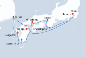 Carte de l'itinéraire de croisière Tokyo-Tokyo d'une durée de 11 jours