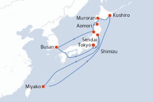 Carte de l'itinéraire de croisière Tokyo-Tokyo d'une durée de 11 jours