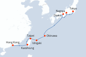 Carte de l'itinéraire de croisière Tokyo-Hong Kong d'une durée de 10 jours