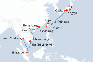 Carte de l'itinéraire de croisière Tokyo-Laem Chabang d'une durée de 22 jours