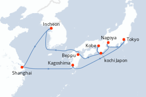Carte de l'itinéraire de croisière Tokyo-Tokyo d'une durée de 14 jours