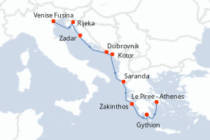 Carte de l'itinéraire de croisière Venise Fusina-Le Piree - Athenes d'une durée de 10 jours