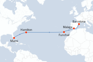 carte itinéraire croisière Transatlantique 14 jours au départ du port de Barcelone