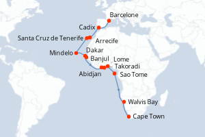 carte itinéraire croisière Afrique du Sud 25 jours au départ du port de Barcelone