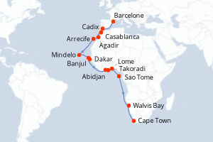 carte itinéraire croisière Afrique du Sud 25 jours au départ du port de Barcelone