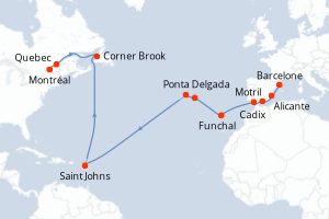 carte itinéraire croisière Amérique du Nord 16 jours au départ du port de Barcelone