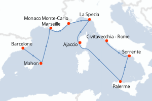 carte itinéraire croisière Sicile 9 jours au départ du port de Barcelone