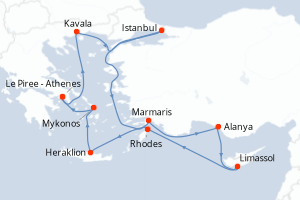 carte itinéraire croisière Méditerranée 12 jours au départ du port de Le Piree - Athenes
