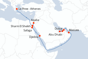 carte itinéraire croisière Moyen-Orient Dubaï 21 jours au départ du port de Le Piree - Athenes