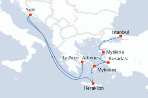 carte itinéraire croisière Méditerranée 10 jours au départ du port de Le Piree - Athenes