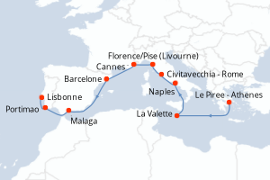 carte itinéraire croisière Atlantique 12 jours au départ du port de Le Piree - Athenes