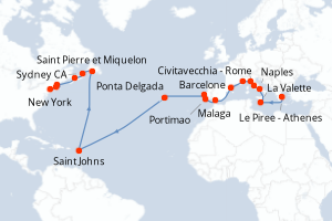 carte itinéraire croisière Transatlantique 26 jours au départ du port de Le Piree - Athenes