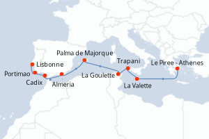 carte itinéraire croisière Atlantique 10 jours au départ du port de Le Piree - Athenes