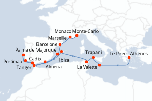 carte itinéraire croisière Sicile 17 jours au départ du port de Le Piree - Athenes