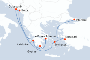 carte itinéraire croisière Méditerranée 10 jours au départ du port de Le Piree - Athenes