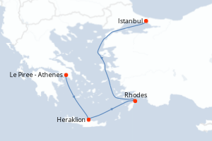 Carte de l'itinéraire de croisière Le Piree - Athenes-Istanbul d'une durée de 10 jours