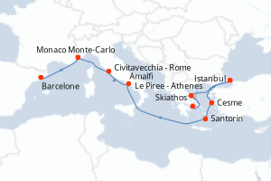 carte itinéraire croisière Méditerranée 12 jours au départ du port de Le Piree - Athenes