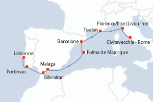 carte itinéraire croisière Atlantique 10 jours au départ du port de Civitavecchia - Rome