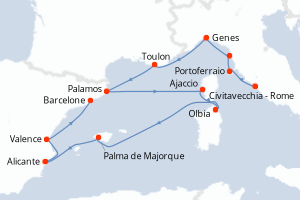 carte itinéraire croisière Sardaigne 12 jours au départ du port de Civitavecchia - Rome