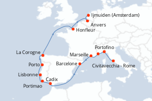 carte itinéraire croisière Europe du Nord 15 jours au départ du port de Civitavecchia - Rome