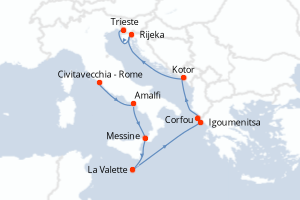 carte itinéraire croisière Sicile 10 jours au départ du port de Civitavecchia - Rome