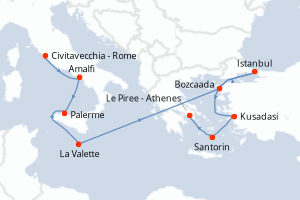 carte itinéraire croisière Sicile 10 jours au départ du port de Civitavecchia - Rome