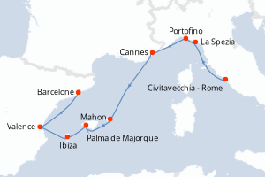 Carte de l'itinéraire de croisière Civitavecchia - Rome-Barcelone d'une durée de 10 jours