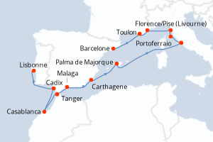 carte itinéraire croisière Méditerranée 14 jours au départ du port de Lisbonne
