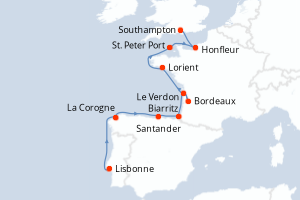 carte itinéraire croisière Europe du Nord 10 jours au départ du port de Lisbonne