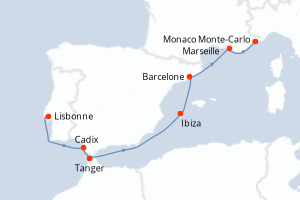 carte itinéraire croisière Méditerranée 7 jours au départ du port de Lisbonne