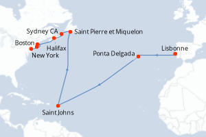 carte itinéraire croisière Amérique du Nord 14 jours au départ du port de Lisbonne