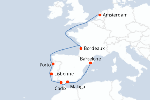 Carte de l'itinéraire de croisière Amsterdam-Barcelone d'une durée de 11 jours