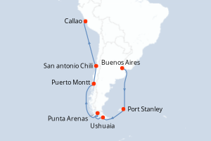 carte itinéraire croisière Amérique du Sud 18 jours au départ du port de Buenos Aires