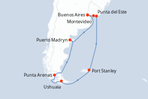 Carte de l'itinéraire de croisière Buenos Aires-Buenos Aires d'une durée de 18 jours