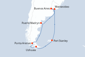 Carte de l'itinéraire de croisière Buenos Aires-Buenos Aires d'une durée de 17 jours
