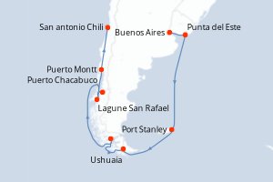 Carte de l'itinéraire de croisière Buenos Aires-San antonio Chili d'une durée de 18 jours