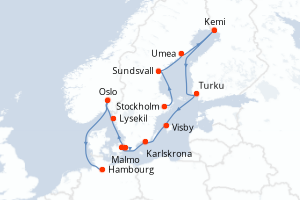 carte itinéraire croisière Europe du Nord 14 jours au départ du port de Stockholm