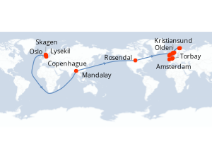 carte itinéraire croisière Fjörds norvégiens 20 jours au départ du port de Copenhague