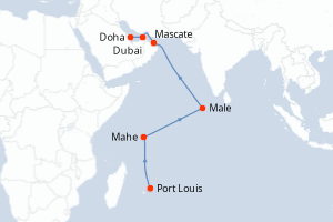 Carte de l'itinéraire de croisière Port Louis-Doha d'une durée de 15 jours