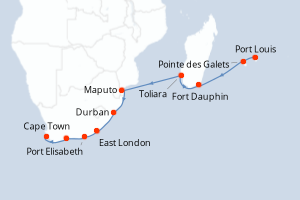 Carte de l'itinéraire de croisière Port Louis-Cape Town d'une durée de 15 jours