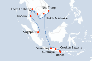 Carte de l'itinéraire de croisière Benoa-Singapour d'une durée de 16 jours