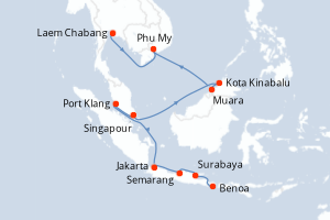 carte itinéraire croisière Asie 14 jours au départ du port de Benoa